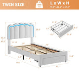 Twin Upholstered LED Bed Frame with Storage Drawer and Adjustable Chic Double Wavy Headboard, Velvet Princess Platform Bed for Kids/Girls, Solid Wood Slats Support, No Box Spring Needed, Beige